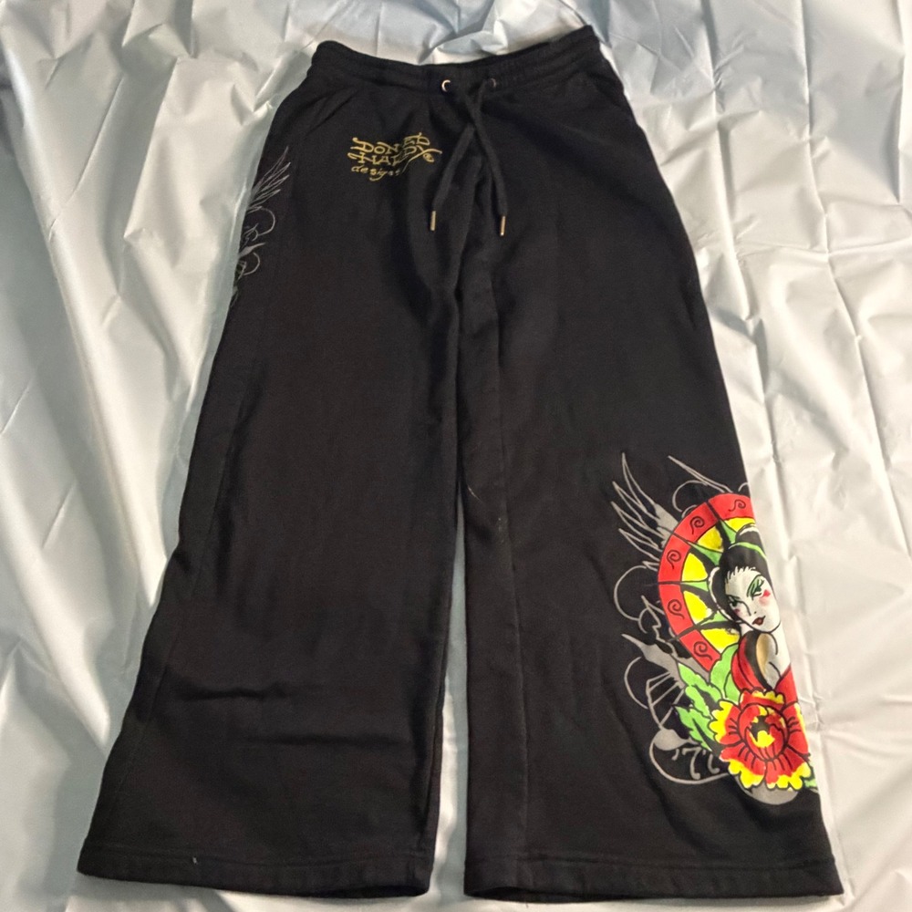 Ed Hardy Black Wide Leg Pants with Colorful Floral Graphic